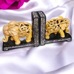 Vintage MCM Ceylon Asian Ivory-Look Carved Resin Elephant Bookends